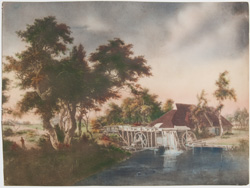 vintage calendar art with cottages, cabins, etc. circa 1930s-1940s